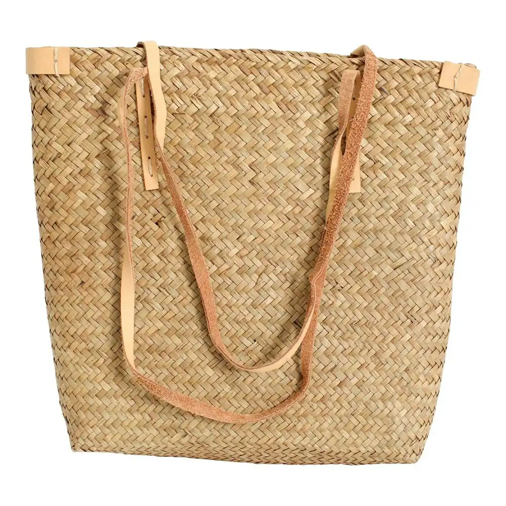 Woven 35cm Straw/Leather Ladies/Women's Fashion Carry Tote Bag w/ Strap Brown