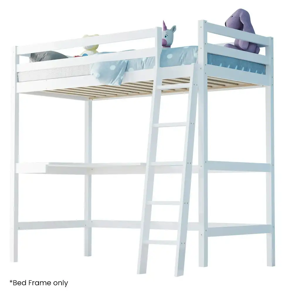 Kingston Slumber Wooden Kids Single Loft Bed Frame with Desk - White