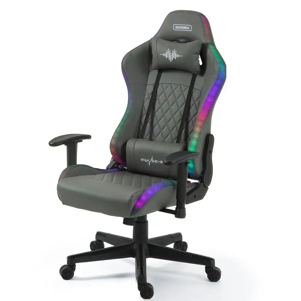 Overdrive Gaming Chair, with Bluetooth Speakers, RGB LED Lights, Reclining Game Armchair, Grey