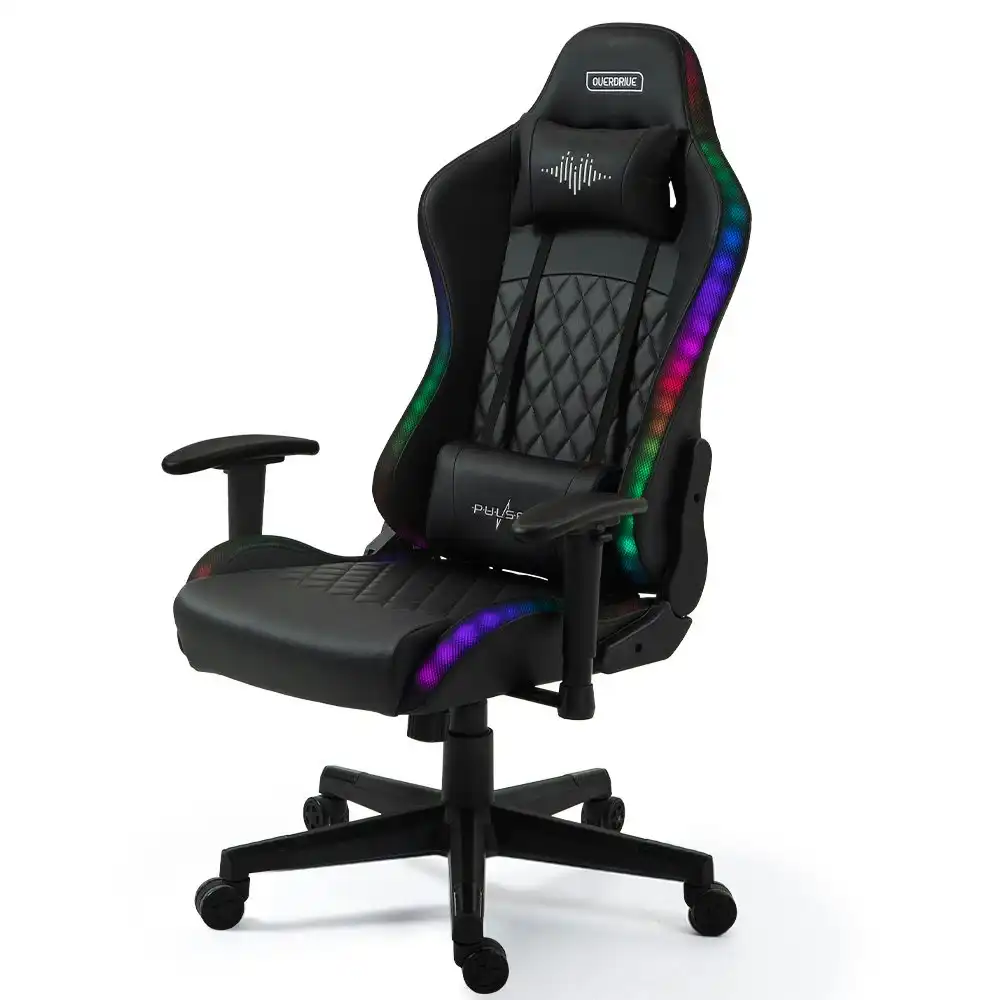 Overdrive Gaming Chair, with Bluetooth Speakers, RGB LED Lights, Reclining Game Armchair, Black