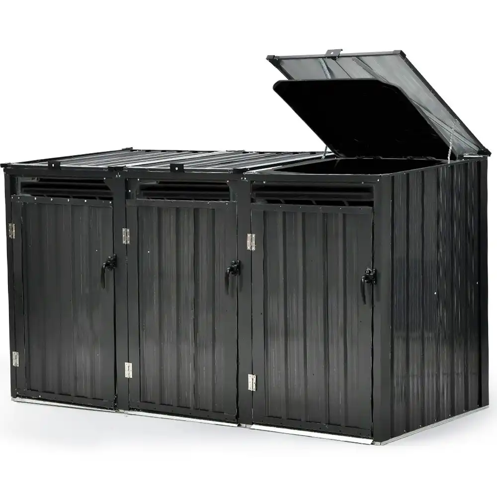 PlantCraft Triple Steel Wheelie Garbage Bin Storage Shed, Enclosure with 3 Opening Doors