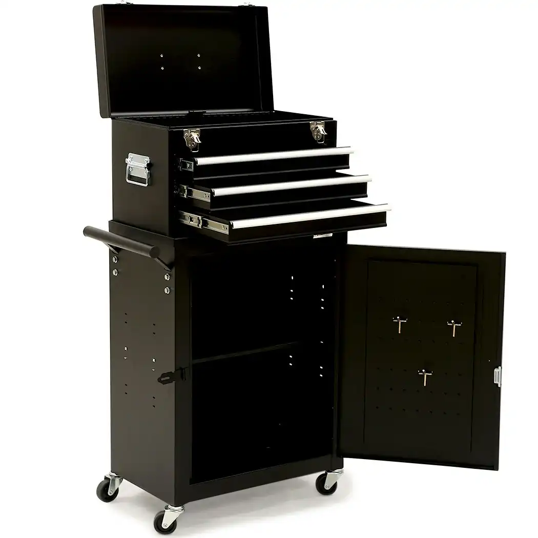 Bullet 3 Drawer Tool Box Cabinet Trolley Storage, with 1-Door Toolbox Garage Organiser Set, Black