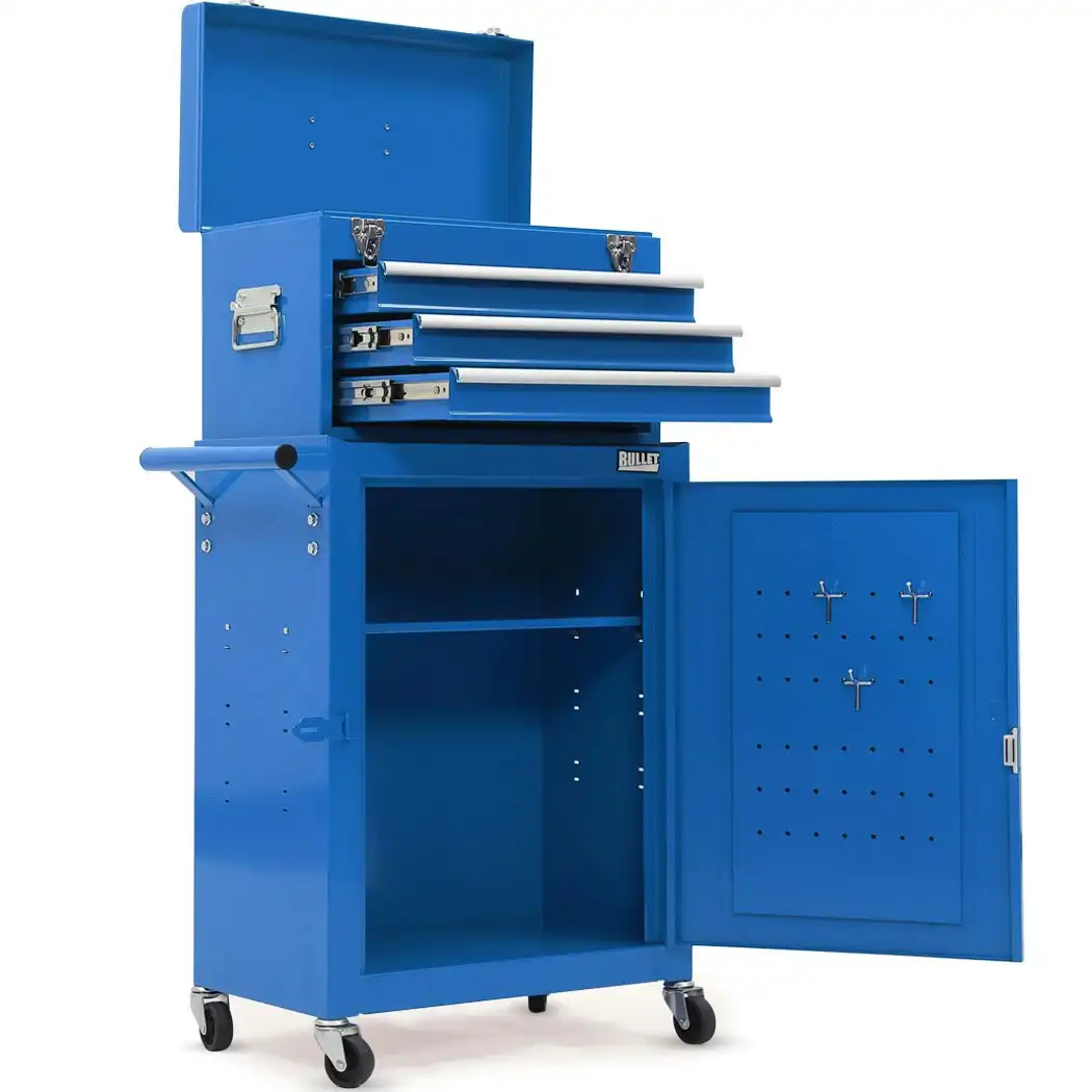 Bullet 3 Drawer Tool Box Cabinet Trolley Storage, with 1-Door Toolbox Garage Organiser Set, Blue