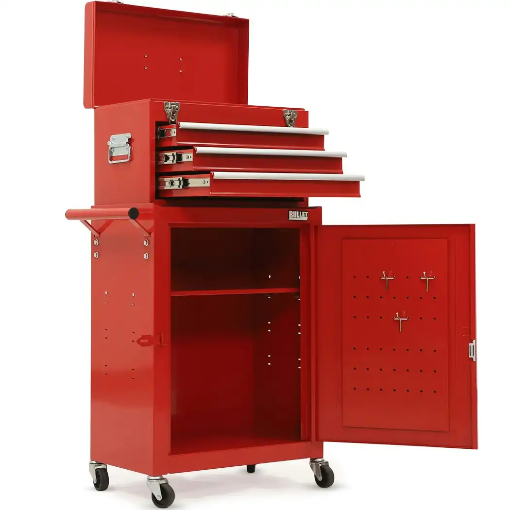 Bullet 3 Drawer Tool Box Cabinet Trolley Storage, 1-Door Toolbox Garage Organiser Set, Red