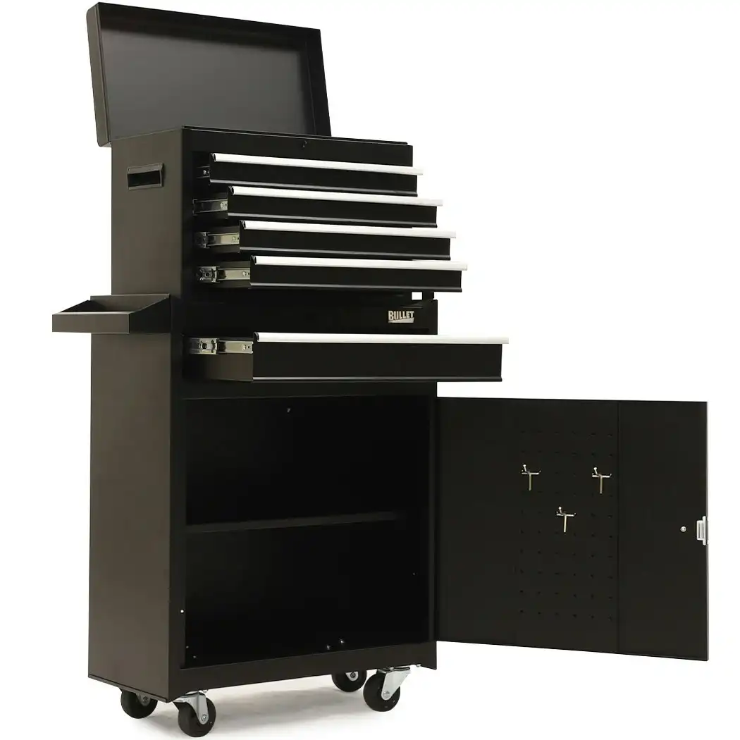 BULLET 5 Drawer Tool Box Cabinet Chest Storage, with 1-Door Toolbox Garage Organiser Set, Black