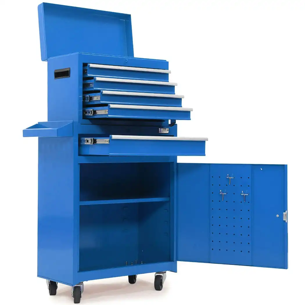 Bullet 5 Drawer Tool Box Cabinet Chest Storage, with 1-Door Toolbox Garage Organiser Set, Blue