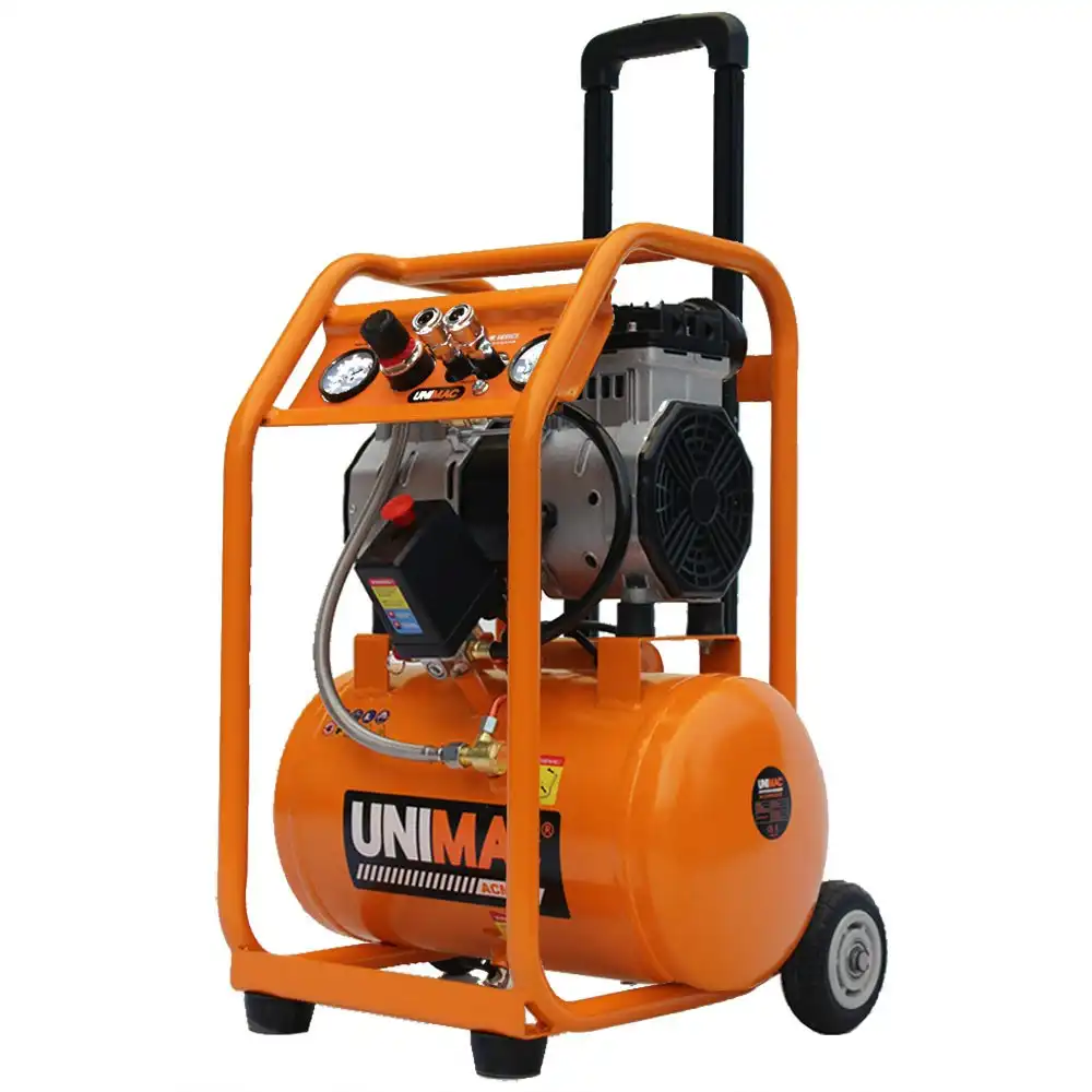 Unimac 16L Silent Oil-Free Electric Air Compressor, 116PSI Portable with Wheels and Handle, Twin Nitto Outlets for Airtools, Tyre Inflation