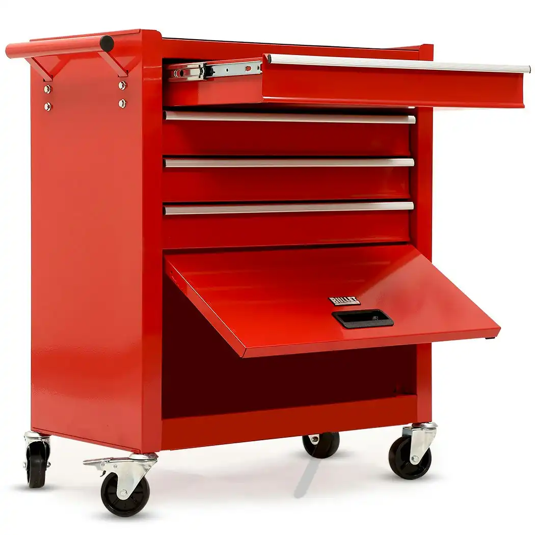 BULLET 4 Drawer Tool Box Cabinet Trolley Storage, 1-Door Toolbox Garage Organiser Set, Red