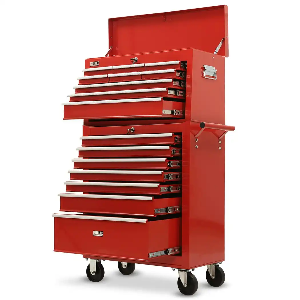 Bullet 16 Drawer Tool Box Cabinet Chest Storage, Toolbox Garage Organiser Set, Red
