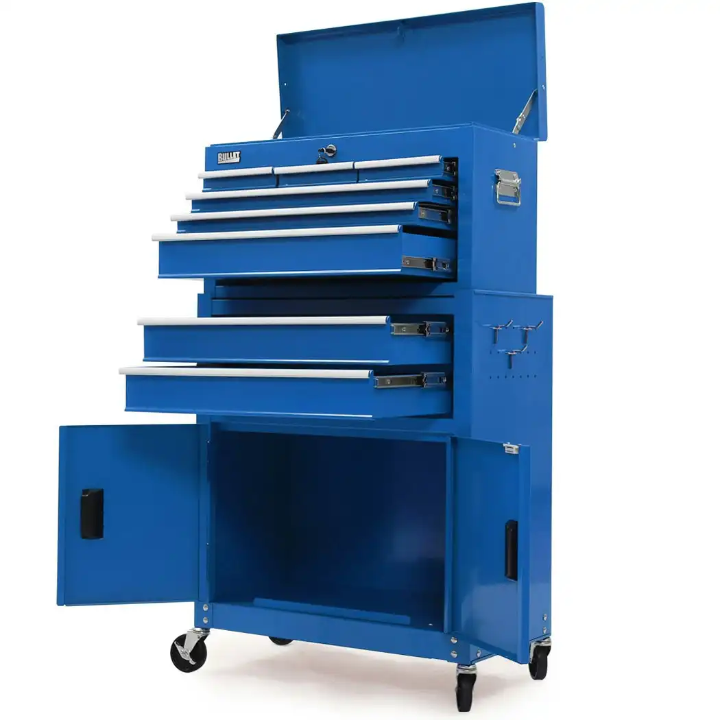 Bullet 8 Drawer Tool Box Chest Cabinet Storage, with 2-Door Toolbox Garage Organiser Set, Blue