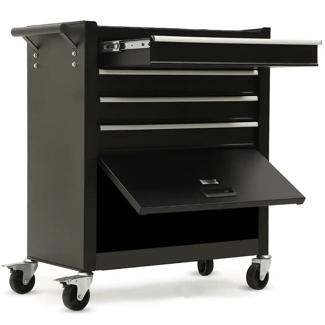 Bullet 4 Drawer Tool Box Cabinet Trolley Storage, with 1-Door Toolbox Garage Organiser Set, Black