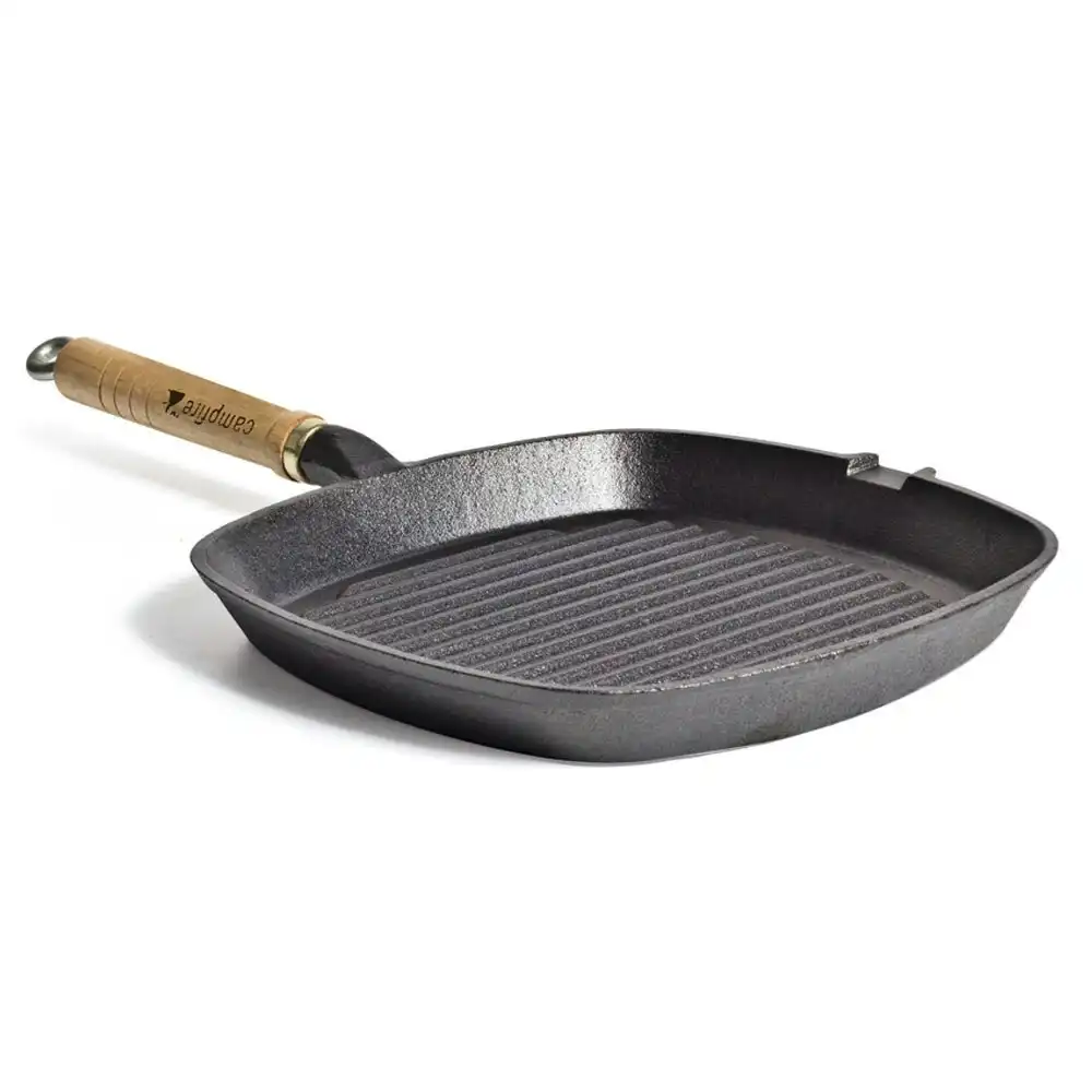 Campfire 24cm Square Frypan Cast Iron Frying Cooking Pan w/ Wood Handle Grey