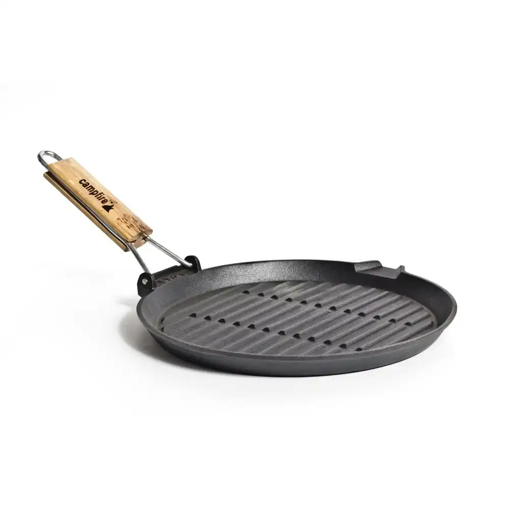 Campfire Ribbed 27cm Round Cast Iron Grill Pan w/ Folding Handle Cookware Grey