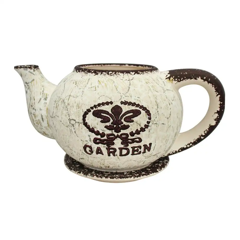 Ceramic 24cm Garden Teapot Planter w/ Plate Antique/Vintage Pot Display White