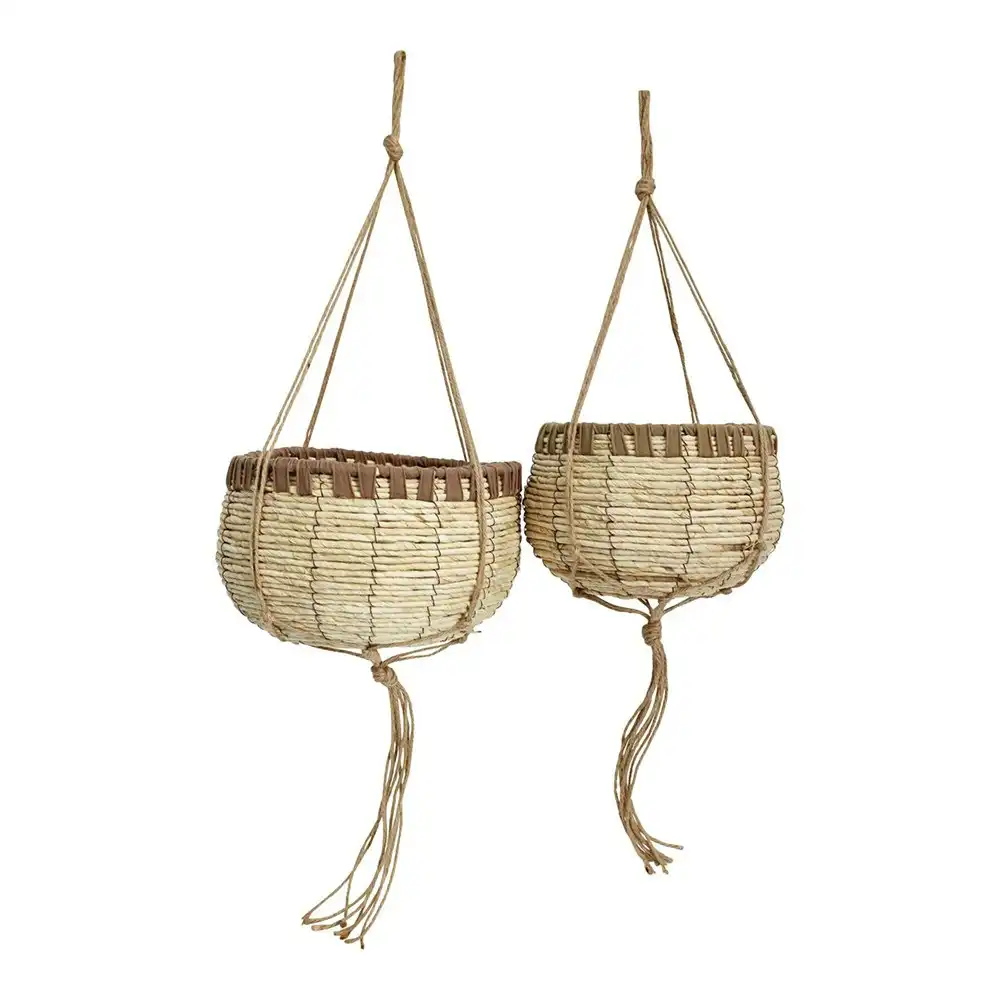 2PK Woven Straw 26/21cm Hanging Basket Planter w/ Edged Hanger Home Garden Decor