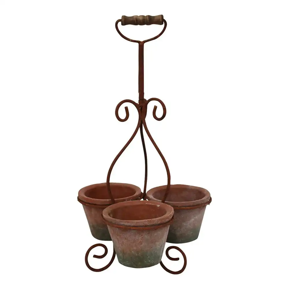 Metal/Terracotta 50cm Triple Planter w/ Handle Garden/Patio Plant Pot Display