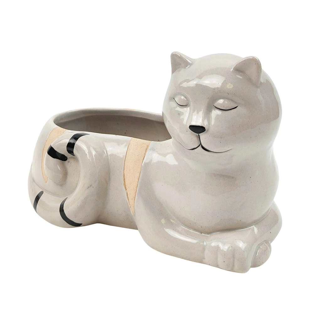 Urban Laying Cat 19cm Ceramic Planter Home Garden Ornament Display Pot Grey