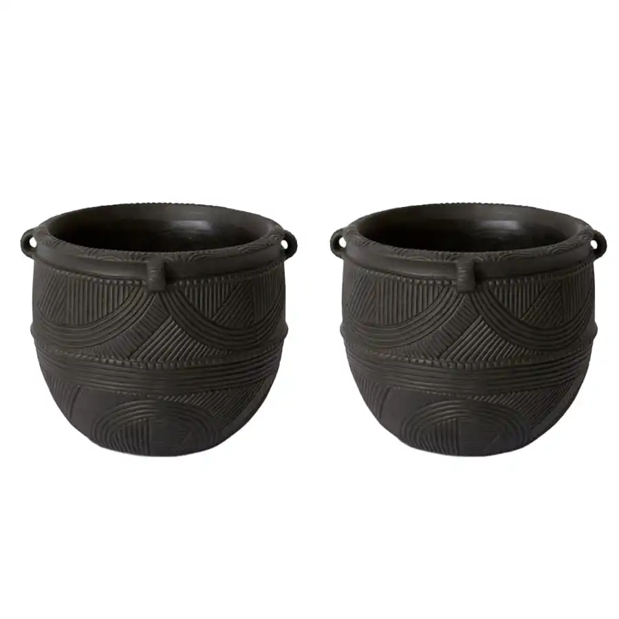2x E Style Izaak 20cm Cement Plant Pot Home Decorative Planter Round Black