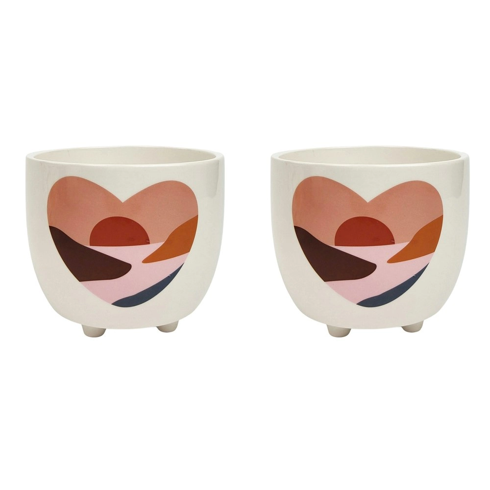 2x Urban 10cm Landscape Hearts Ceramic Planter Garden Plant Pot Small Pink/White