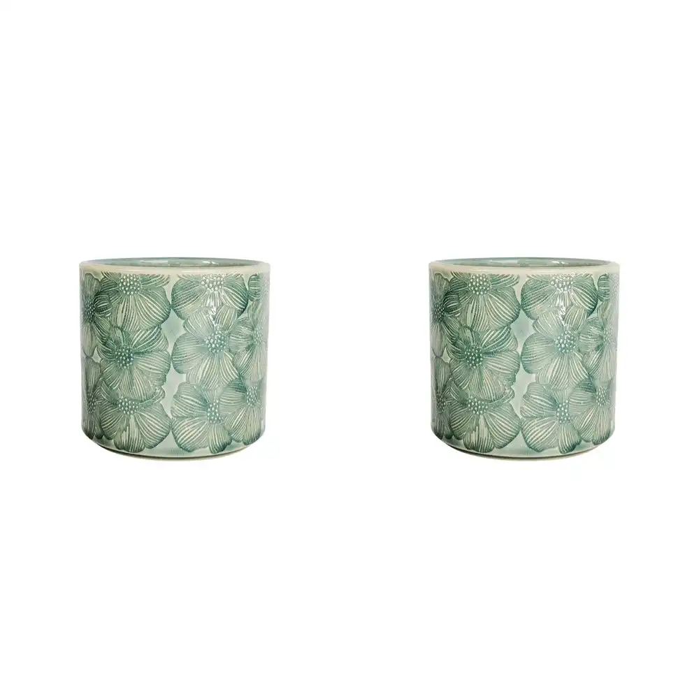 2x Urban Products Etched Flower Pattern Planter Home Garden Decor Turquoise 12cm