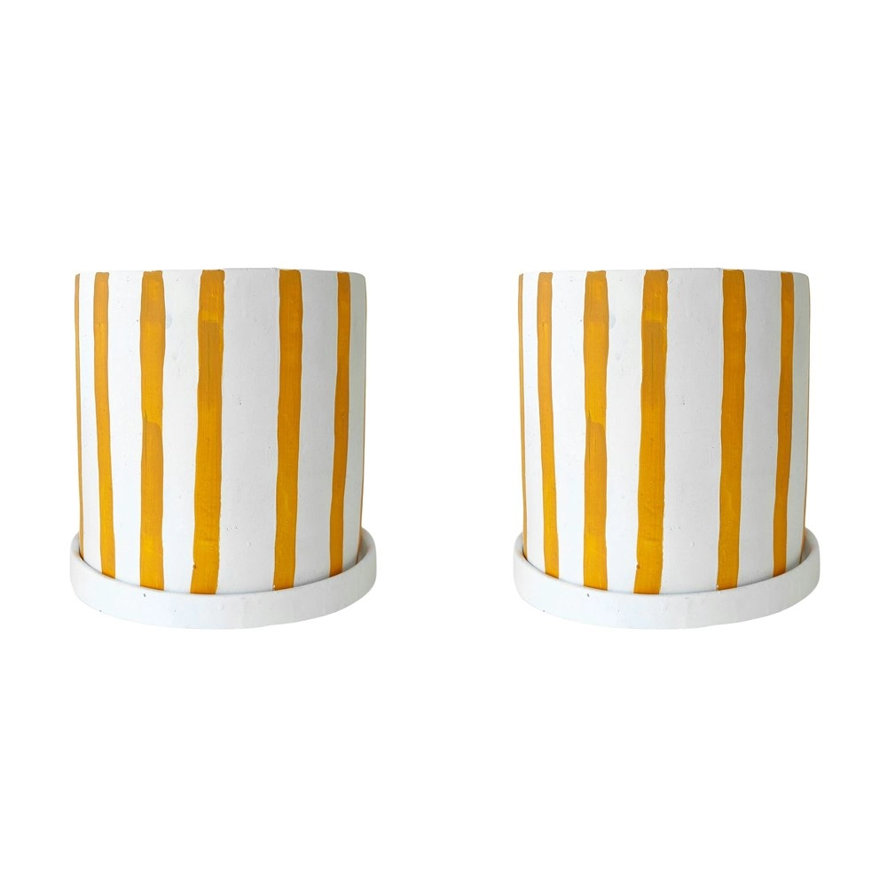 2x Urban Julia Stripe 17cm Concrete Planter w/ Saucer Plant Pot L Mustard/White