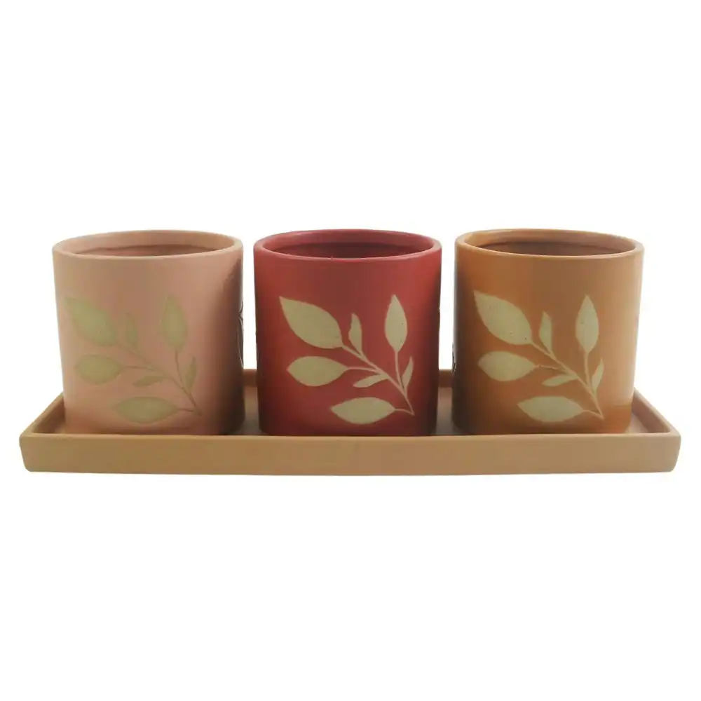 3pc Urban Shae Foliage Ceramic Planter w/ Tray Flower Pot Pink/Terra/Mustard