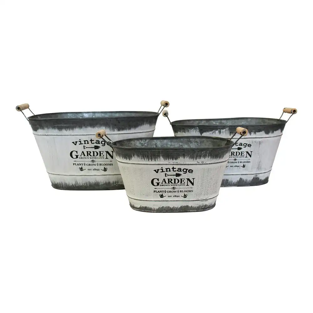 3pc Rustic 25.5/30/34.5cm Oval Planter w/ Handle Garden Pot Display Set Grey