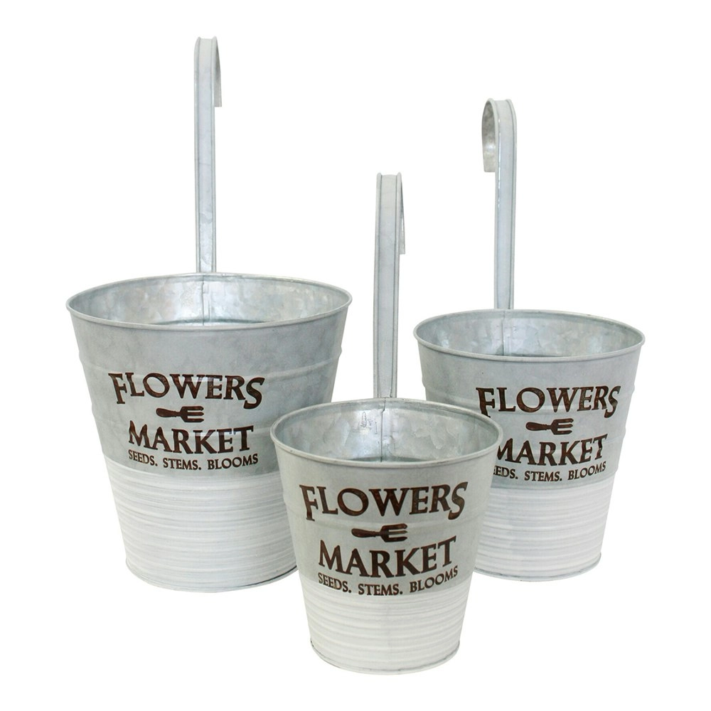 3pc Flower 28.5/31.5/34cm Planter w/ Hook Garden Hanging Decor Pot Set Grey