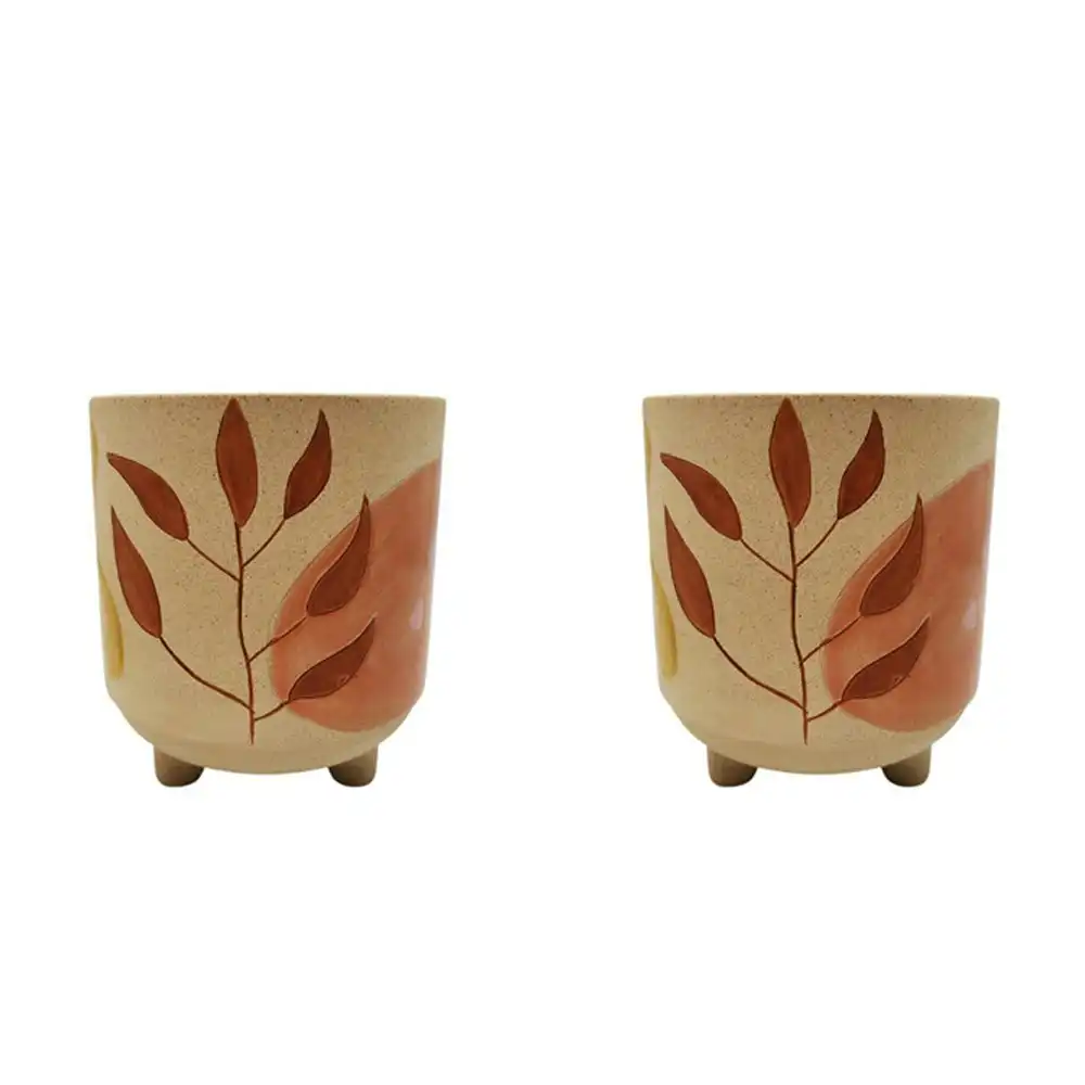 2x Urban Haven Leaves 12cm Ceramic Planter w/ Legs Plant Pot Small Pink/Green
