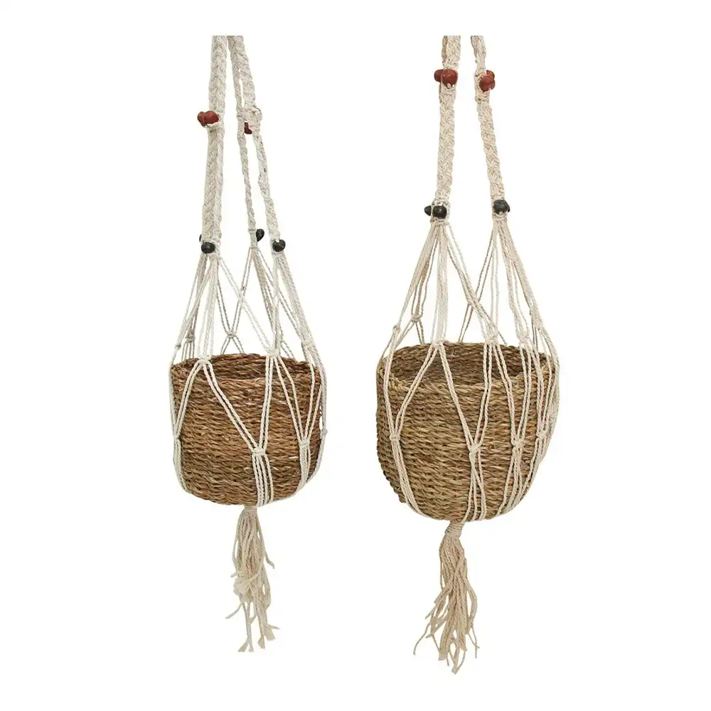 2PK Hanging 23/20cm Seagrass Basket Planter w/ Jute Rope Set Home Garden Decor