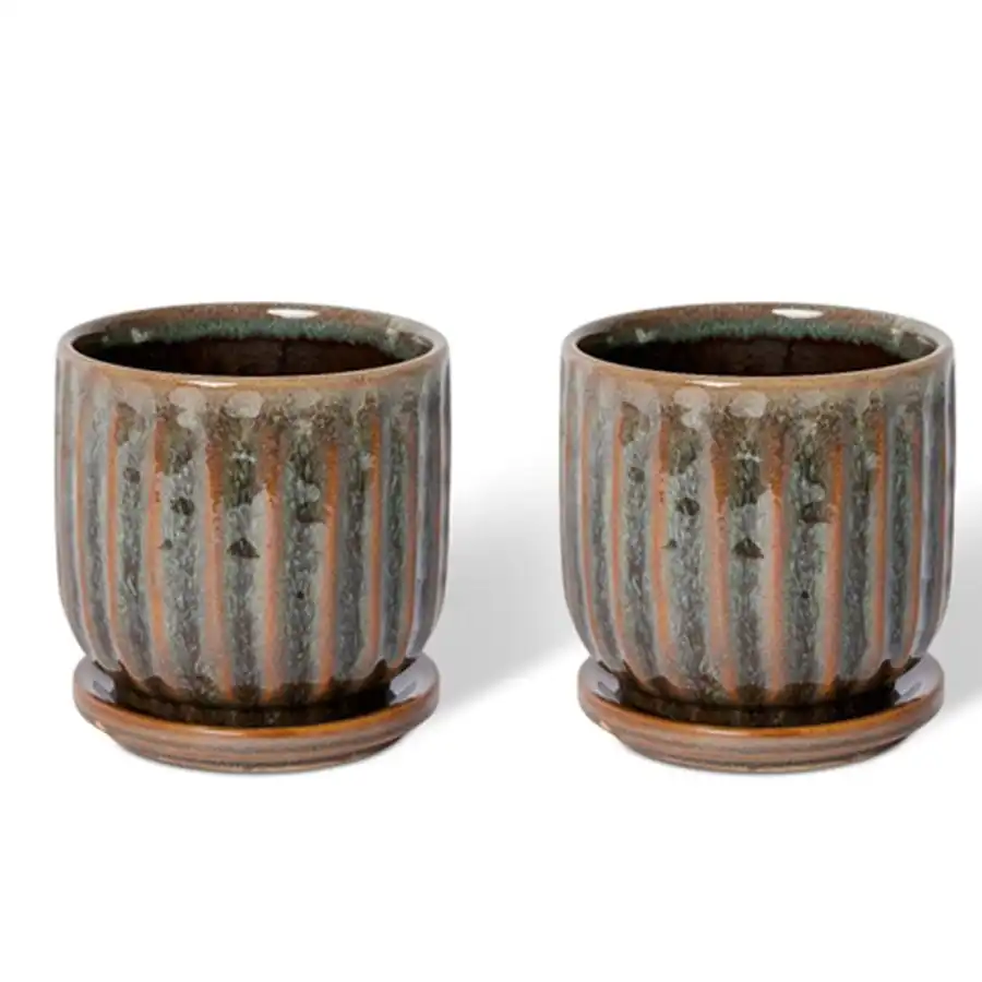 2x E Style Lara 13cm Ceramic Plant Pot w/ Saucer Flower Planter Decor GRN