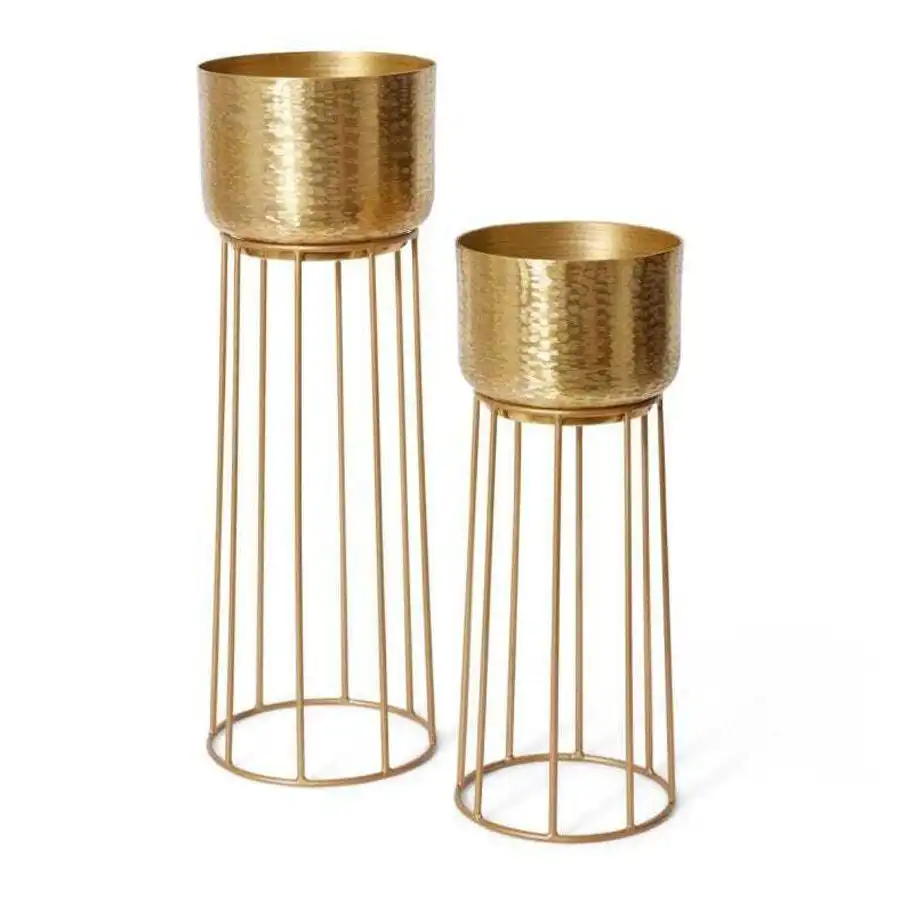 2pc E Style Soyala Aluminium/Iron Plant Pot w/ Stand Round Decor Set Gold