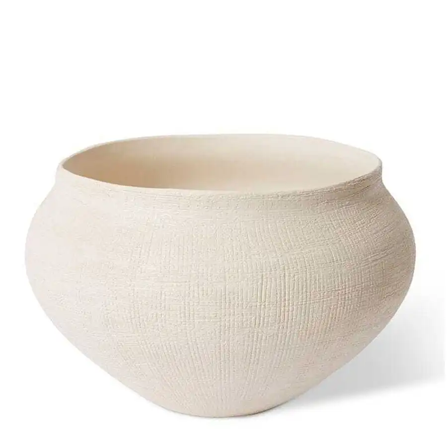 E Style Theo 35cm Ceramic Plant Pot Decorative Planter Round Hessian White