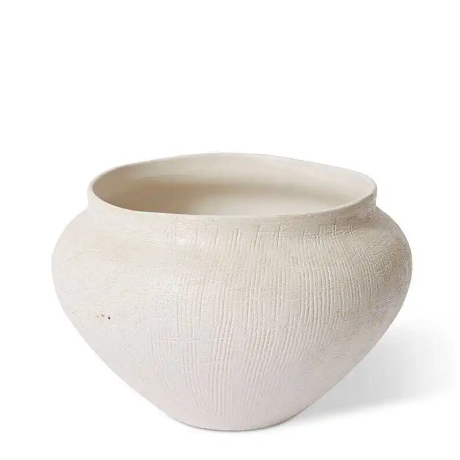 E Style Theo 27cm Ceramic Plant Pot Decorative Planter Round Hessian White