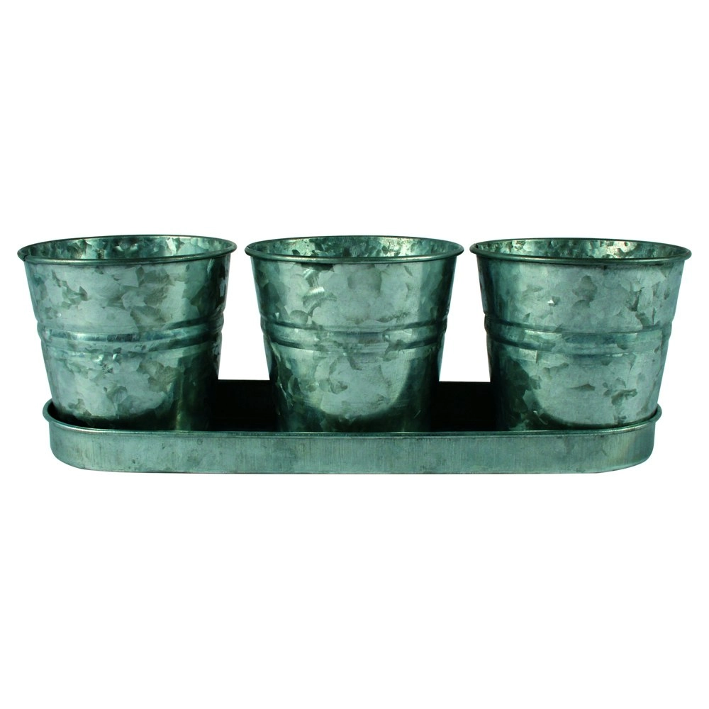 3pc Yard Master 33x11cm Loke Antiqued Metal Pot Plant Container w/ Tray Silver