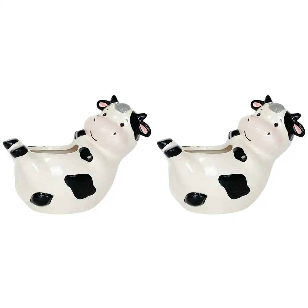 2x Urban Products Reclining Cow Themed Home Garden Decor Planter White 18cm