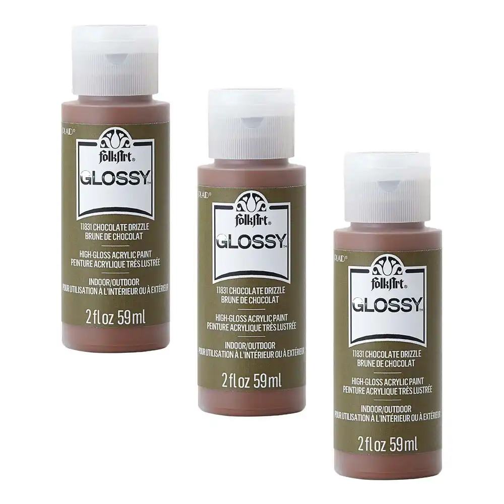 3x Plaid FolkArt Premium 59ml Acrylic Paint Chocolate Drizzle Glossy Finish