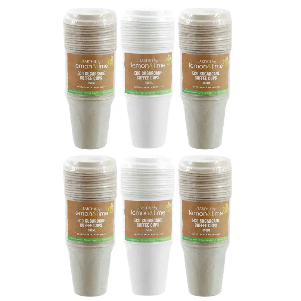 6x 12PK Lemon & Lime 350ml Eco Sugarcane Coffee Cup w/ Lid Biodegradable Sip Mug