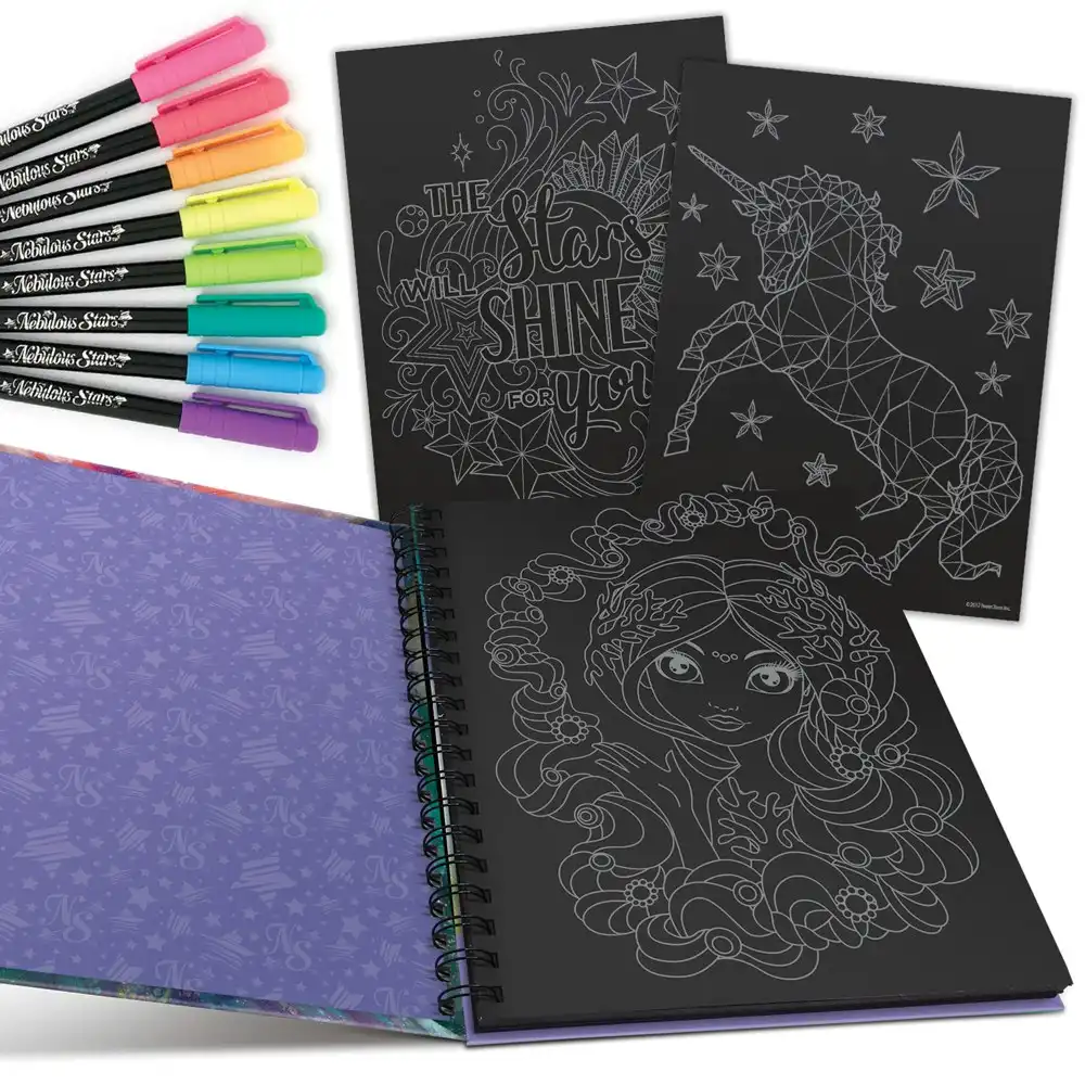 Nebulous Stars Black Pages Colouring Book Art/Craft Activity Set Coralia 7y+