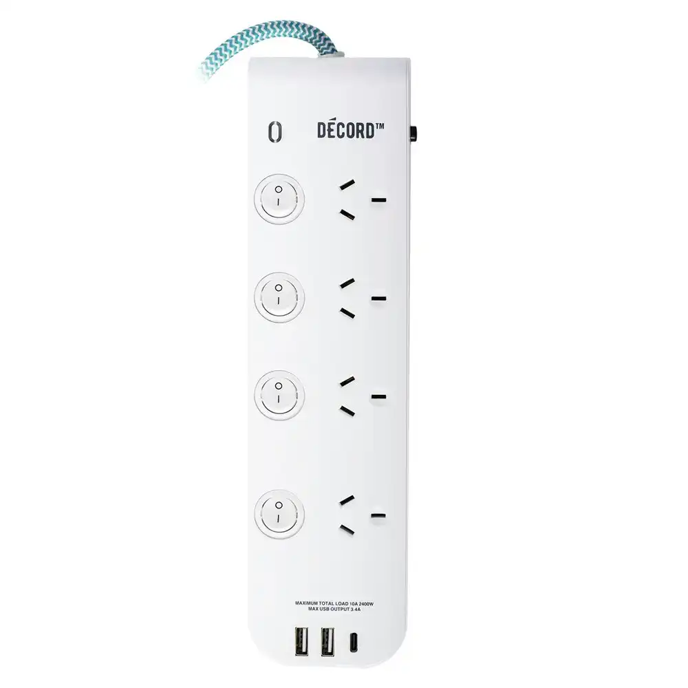 Crest Decord 4-Way Switched 1m Power Board 3-USB-A/USB-C Socket Extension White