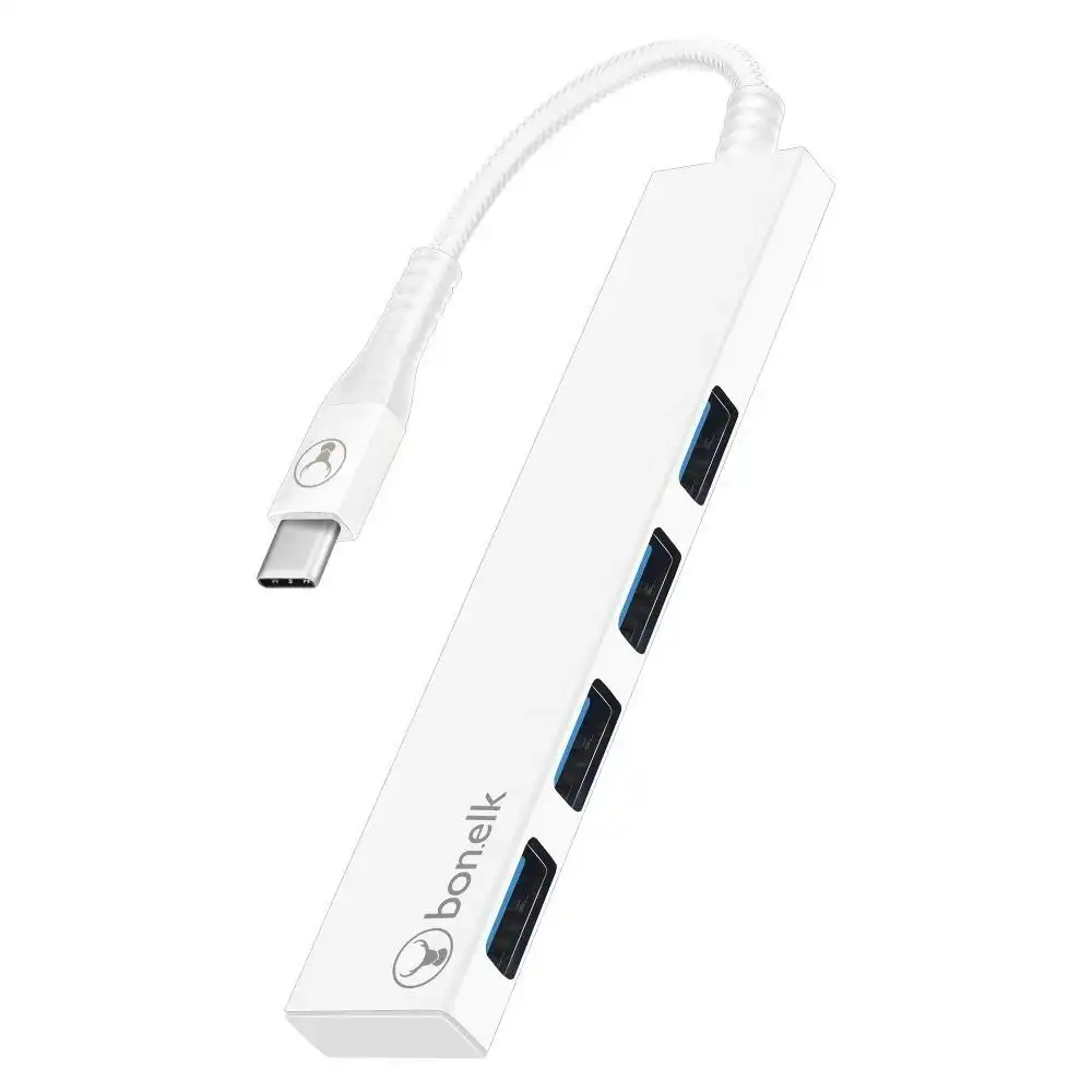 Bonelk Long-Life USB-C to 4-Port USB 3.0 Slim Hub Port 5Gbps For Laptop/PC White