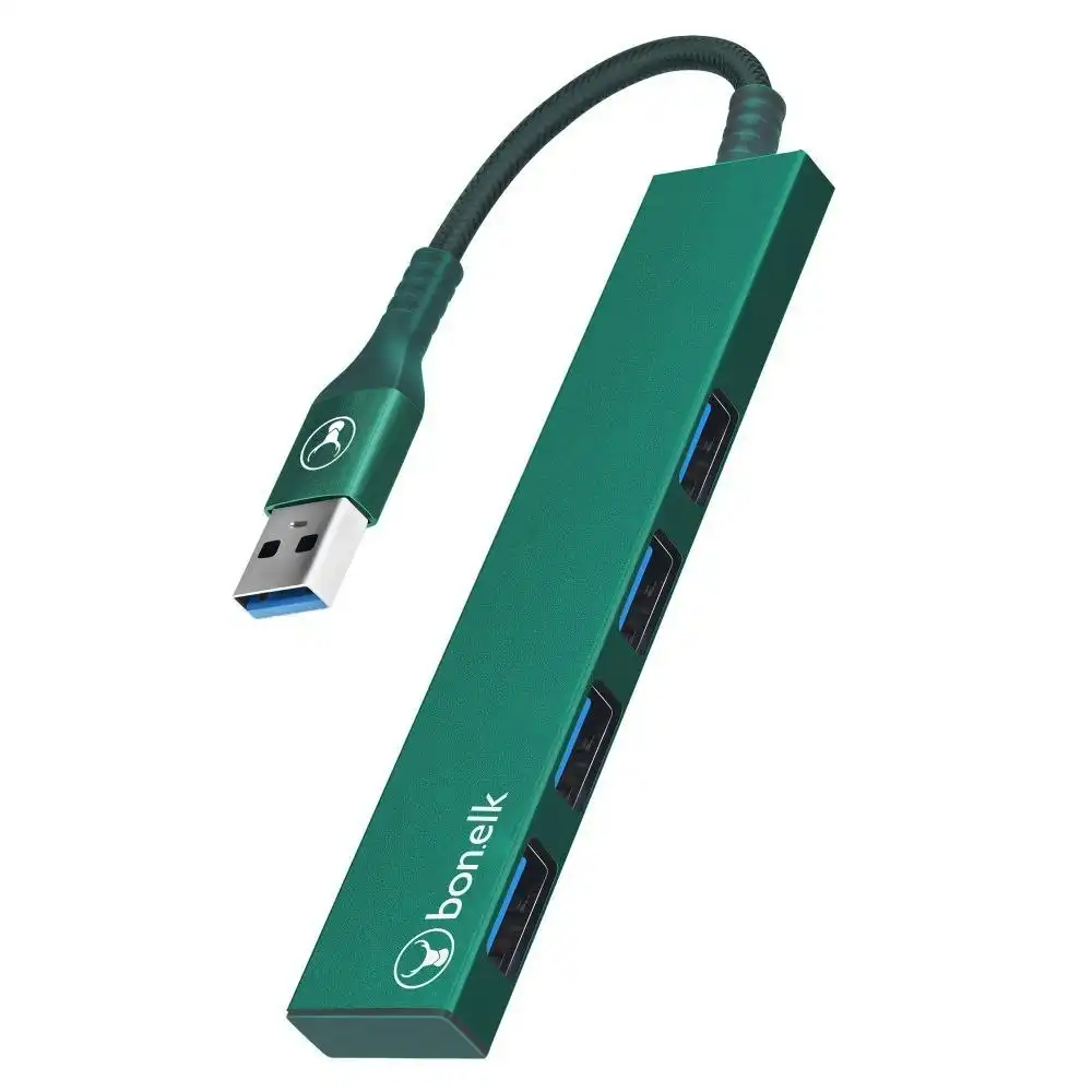 Bonelk Long-Life Male USB-A to 4-Port Female USB 3.0 Slim Hub For Laptop Green