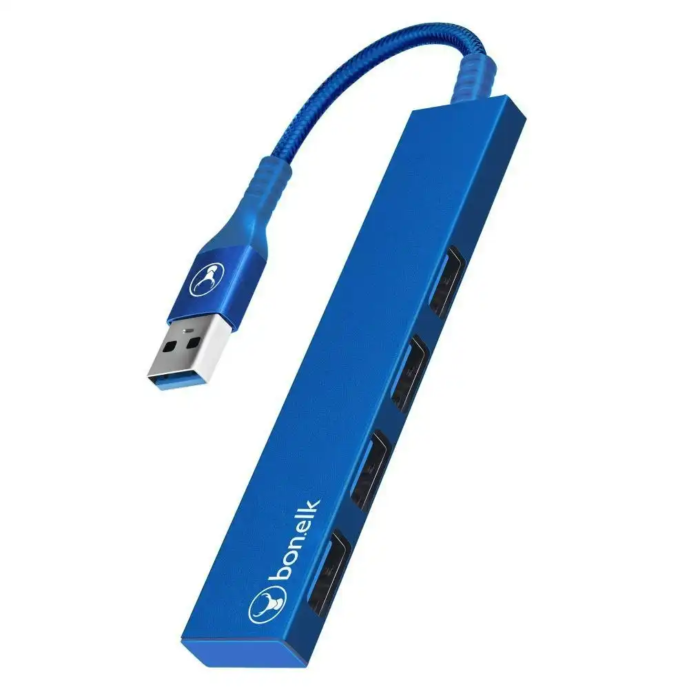 Bonelk Long-Life Male USB-A to 4-Port Female USB 3.0 Slim Hub For Laptop Blue
