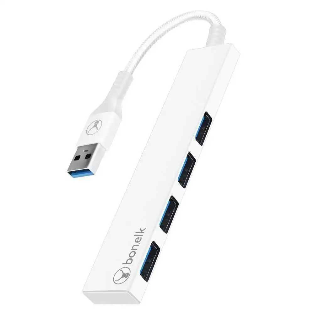Bonelk Long-Life Male USB-A to 4-Port Female USB 3.0 Slim Hub For Laptop White
