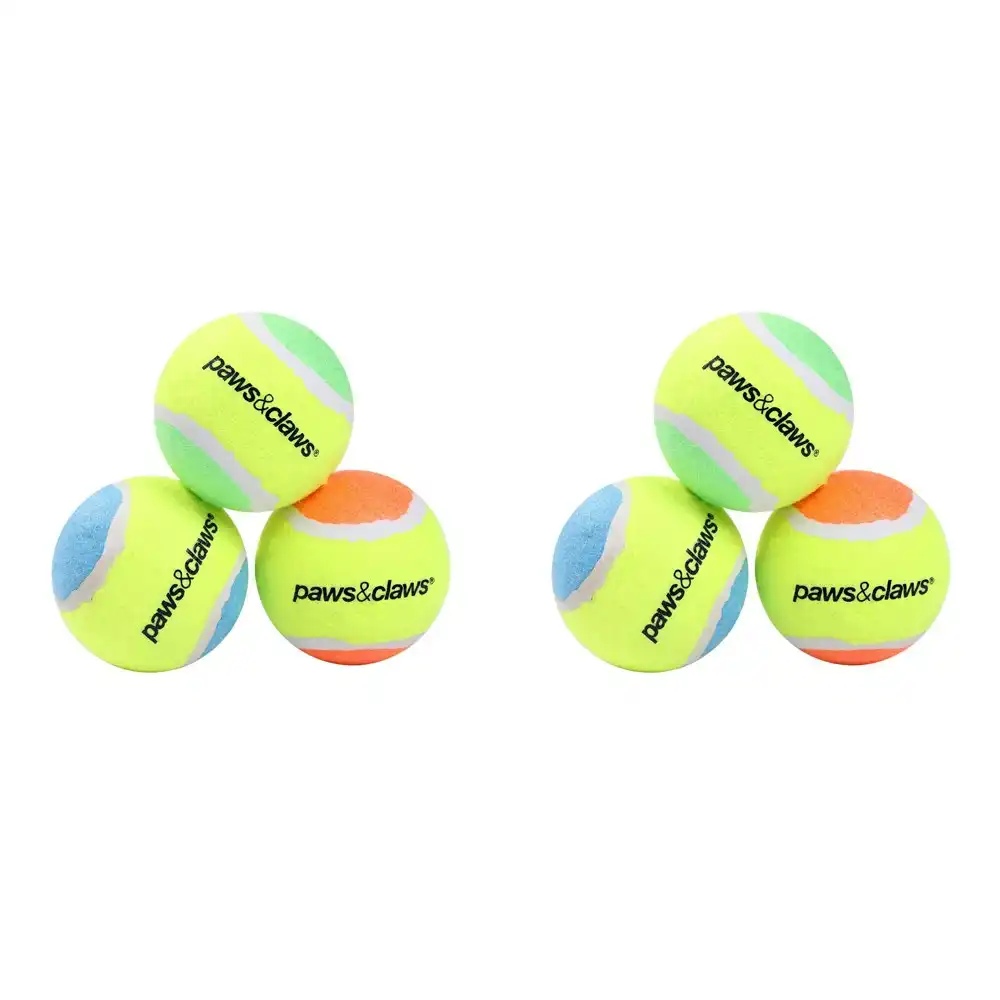 2x 3PK Paws & Claws 6cm Tennis Balls 2-Tone Dog Interactive Fun Play Game Toys