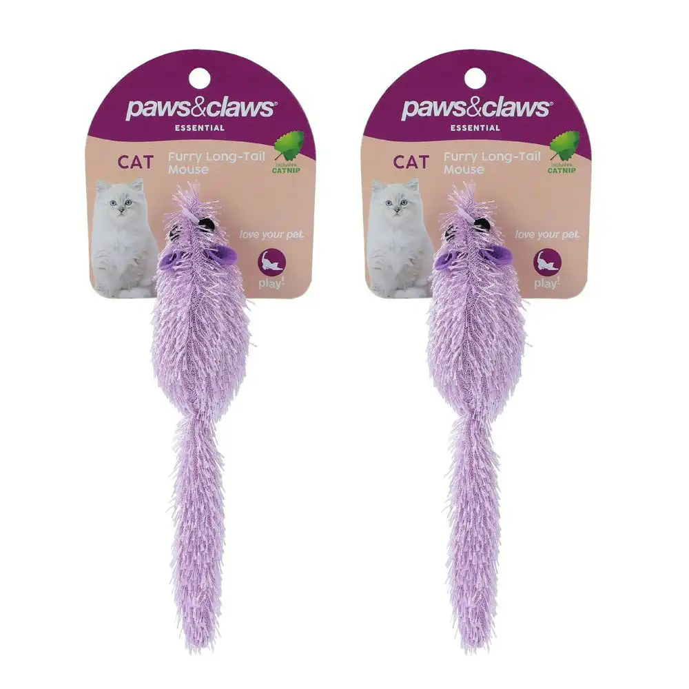 2x Paws & Claws 17cm Furry Long-Tail Catnip Mouse Interactive Toy for Cats Asstd
