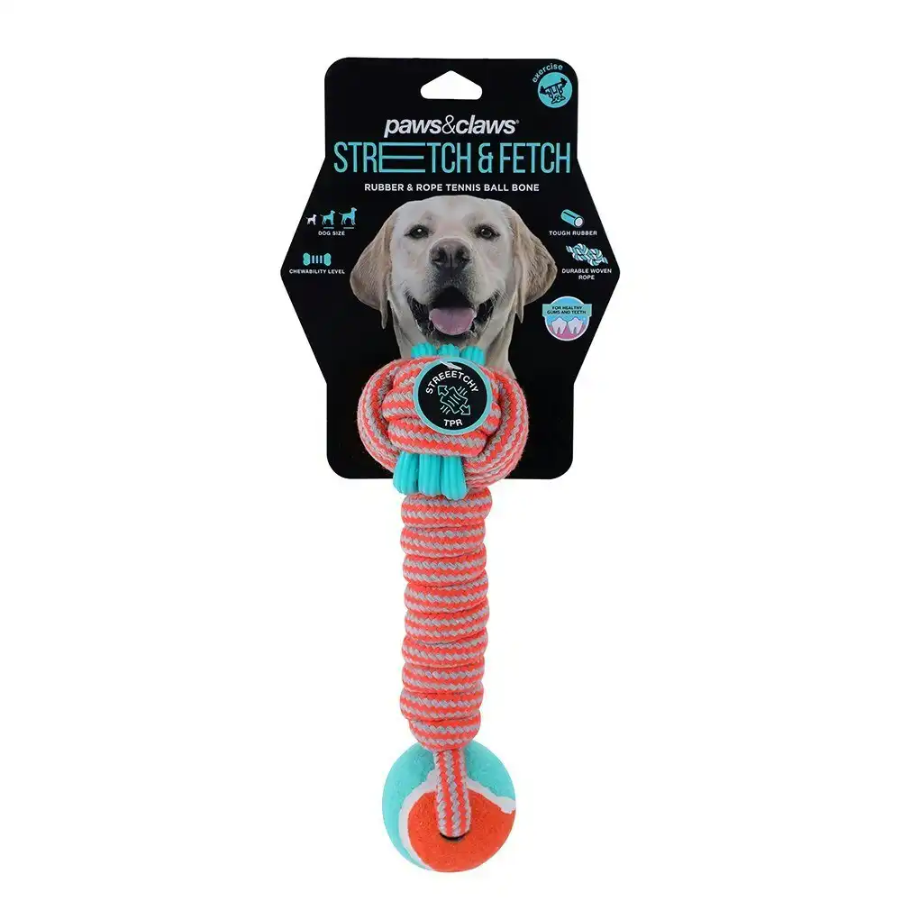 Paws & Claws 25cm Stretch & Fetch TPR Braided Rope Bone w/ Tennis Ball Dog Toy
