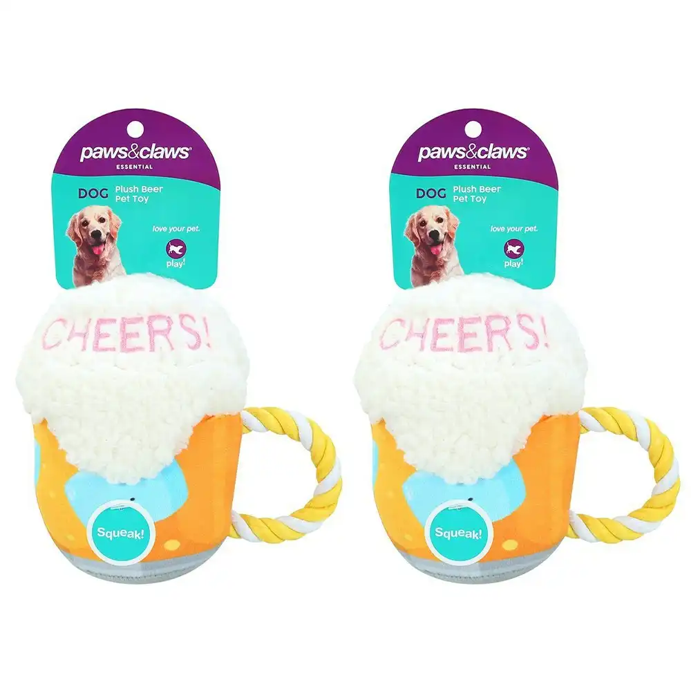 2x Paws & Claws Plush/Soft Beer Dog/Pet Interactive/Activity/Play Toy 18x18cm