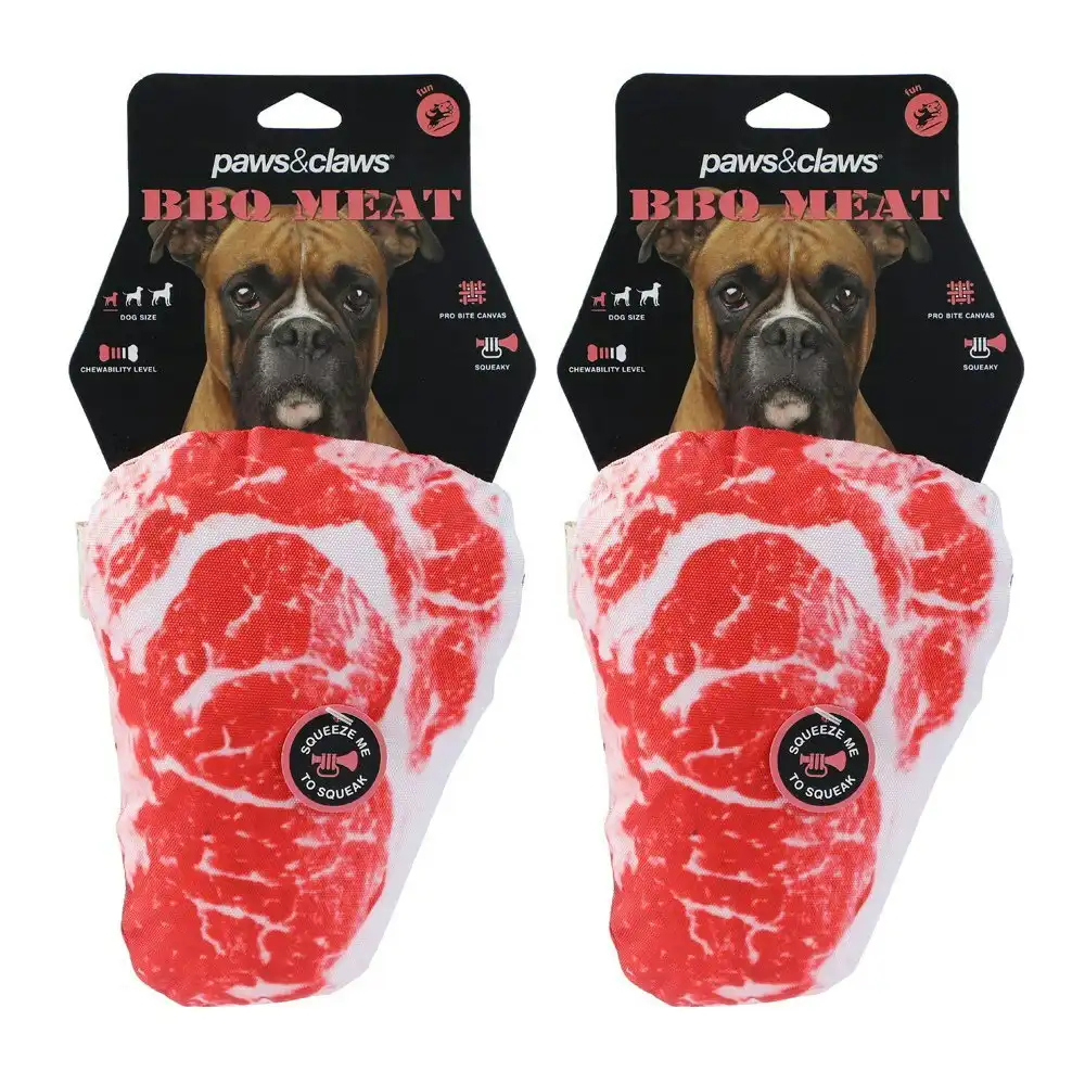 2x Paws & Claws Feed Me BBQ Steak Oxford Pet/Dog Play Toy w/ Squeaker 20x15cm