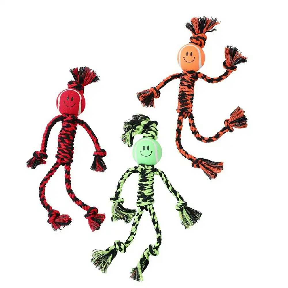 3x Paw & Claws 40cm Woven Rope Man Tug w/ Tennis Ball Pet Dog Play Toy Assorted